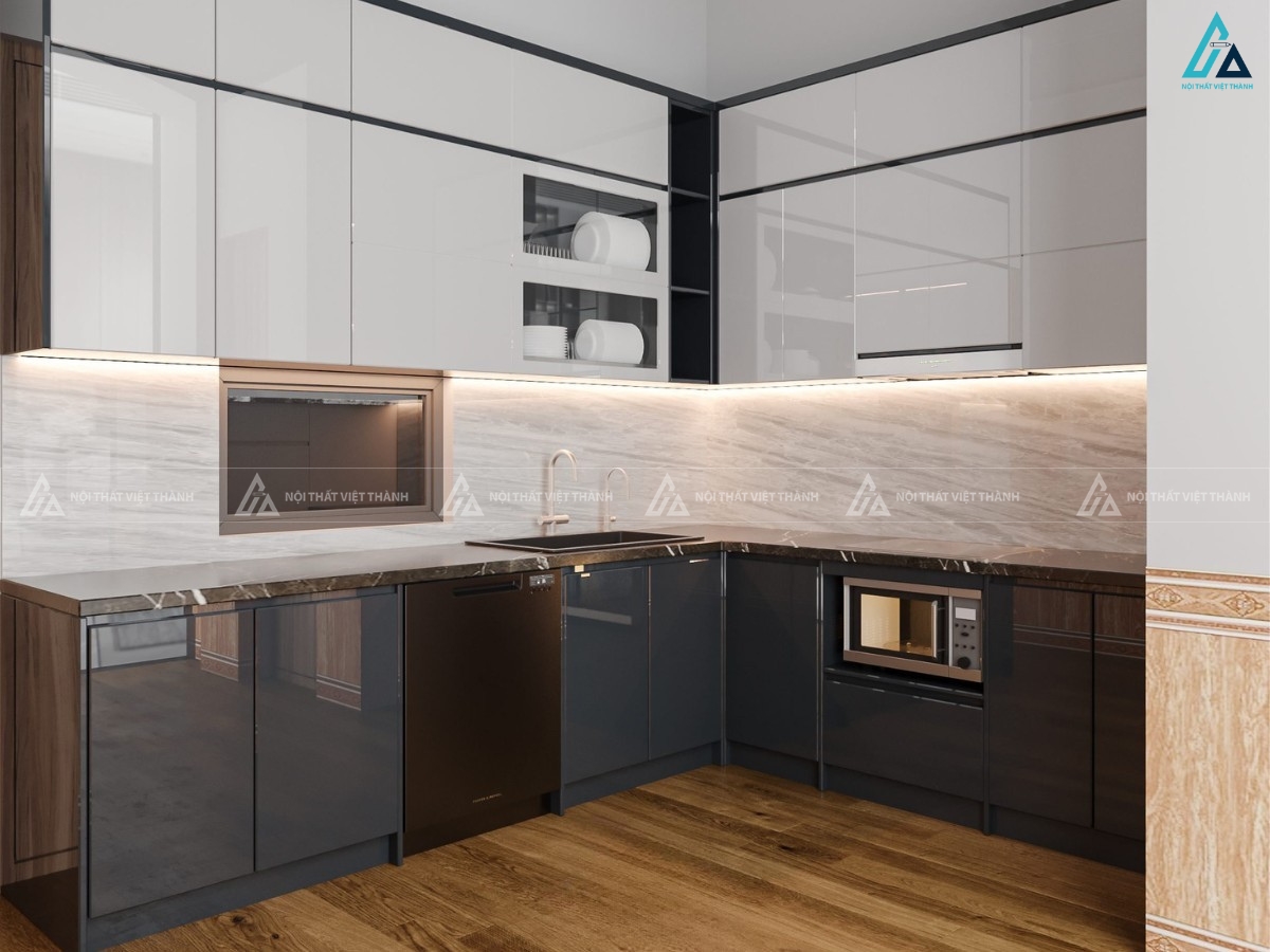 Bộ tủ bếp acrylic cao cấp bền bỉ với bề mặt bóng gương dễ lau chùi
