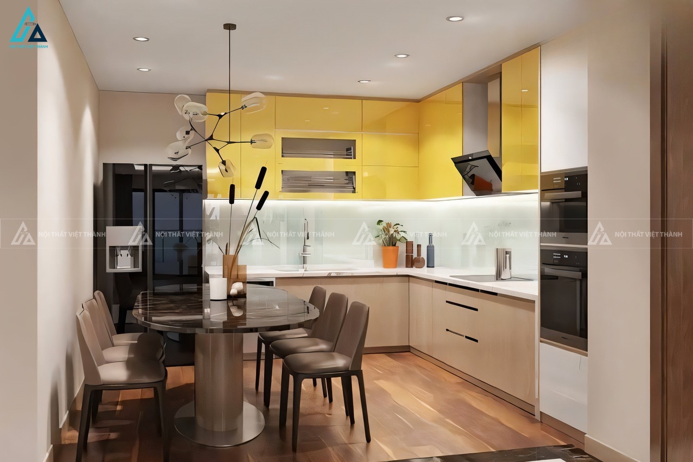 Tủ bếp acrylic bóng gương màu vàng tươi trẻ và tiện nghi