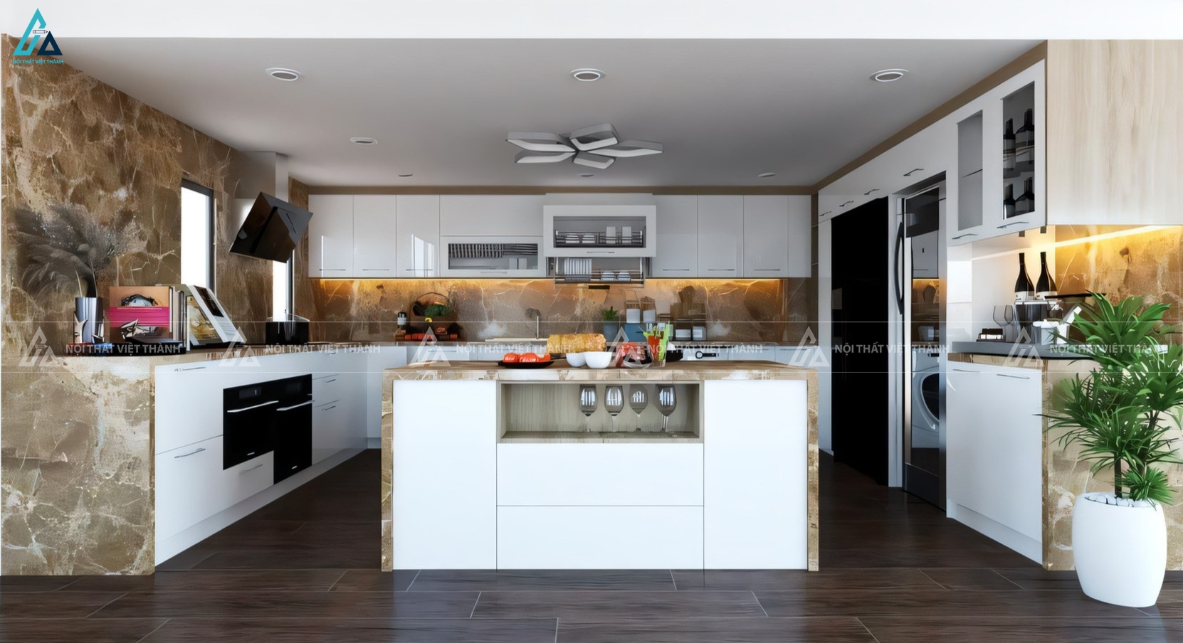 Mẫu tủ bếp acrylic chữ U đẳng cấp phối vân đá tự nhiên đầy ấn tượng