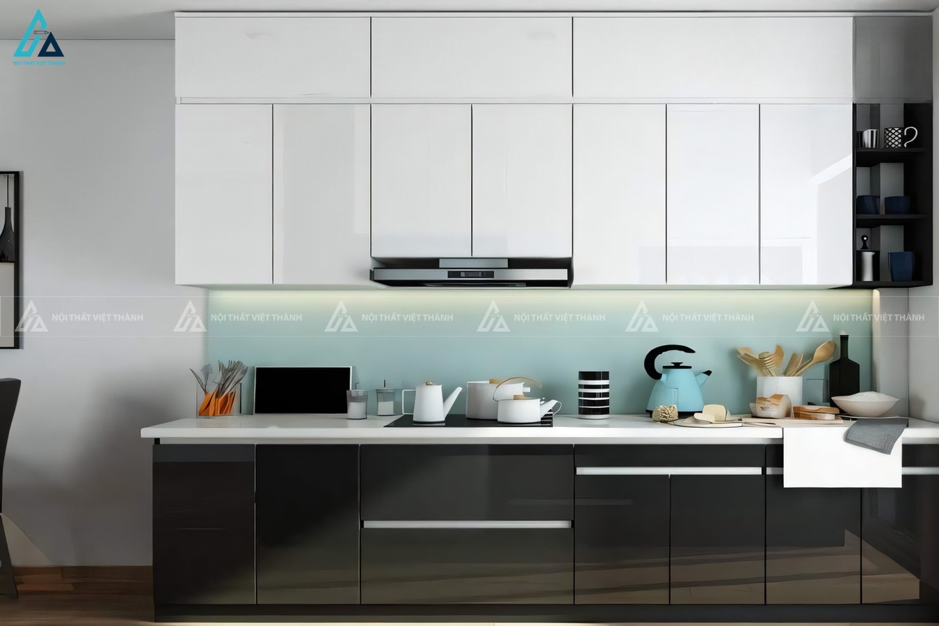 Tủ bếp acrylic hiện đại phối màu trắng đen đẳng cấp thời thượng