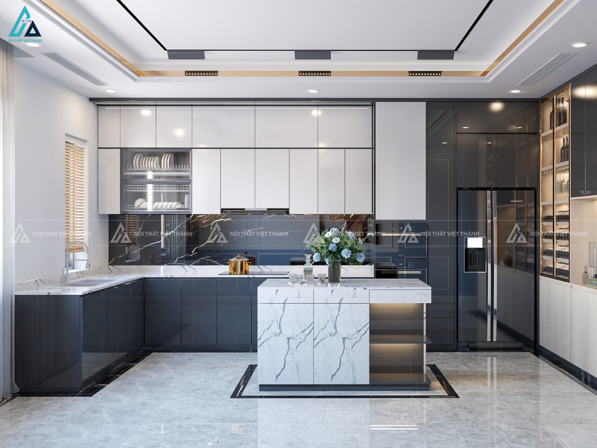 Tủ bếp acrylic chữ L phối đảo bếp đá vân mây sang trọng đẳng cấp