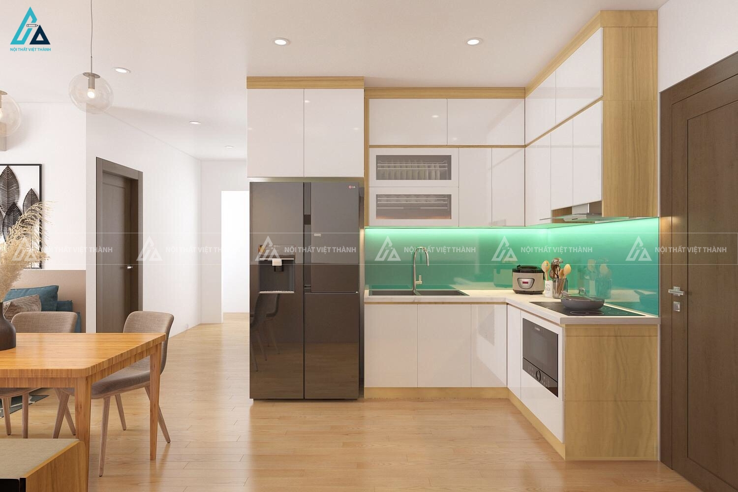 Tủ bếp acrylic trắng kết hợp vân gỗ hiện đại cho căn hộ