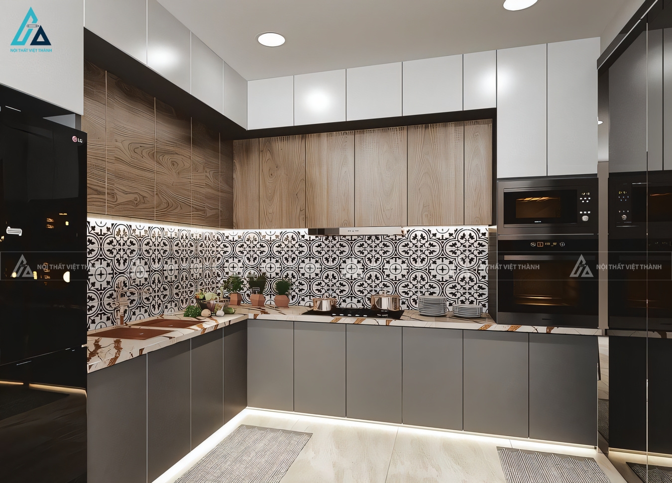 Tủ bếp acrylic bóng gương thiết kế kịch trần tối ưu không gian sống