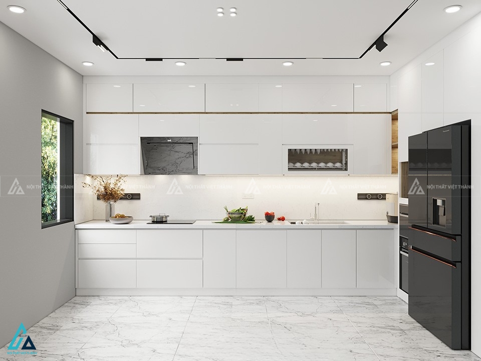 Bộ tủ bếp acrylic trắng bóng điểm nhấn hoàn hảo cho căn bếp