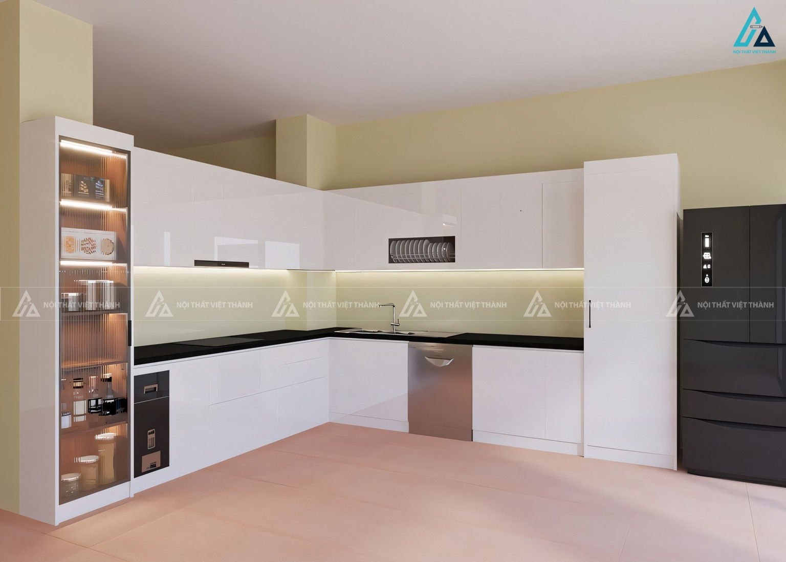 Tủ bếp acrylic kết hợp kệ trưng bày thông minh tiện lợi 2