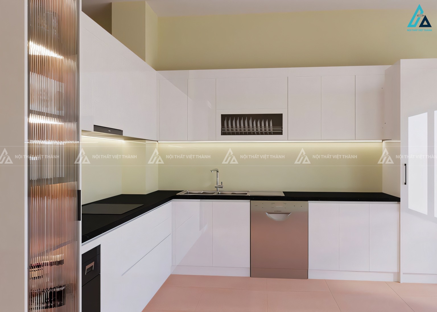 Tủ bếp acrylic kết hợp kệ trưng bày thông minh tiện lợi 1