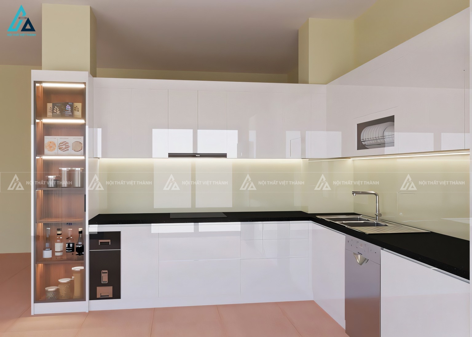 Tủ bếp acrylic kết hợp kệ trưng bày thông minh tiện lợi