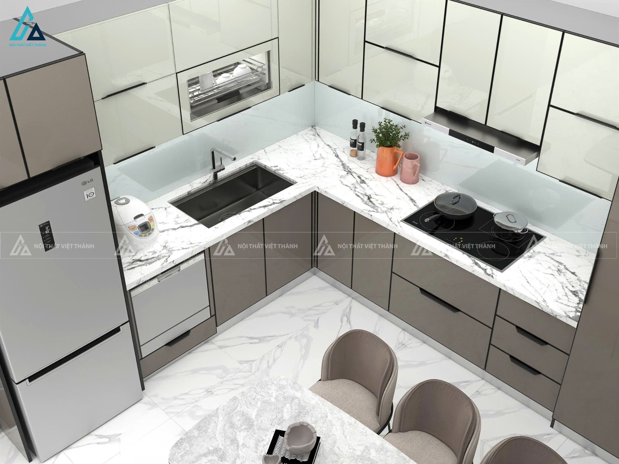Tủ bếp cánh kính hiện đại phối màu trang nhã bền đẹp và tiện nghi 2
