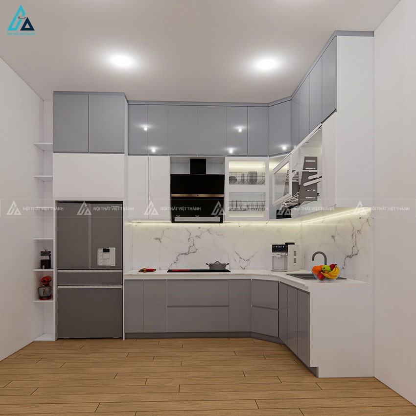 Tủ bếp cánh kính thiết kế chữ L phối màu xám trắng tối giản 2