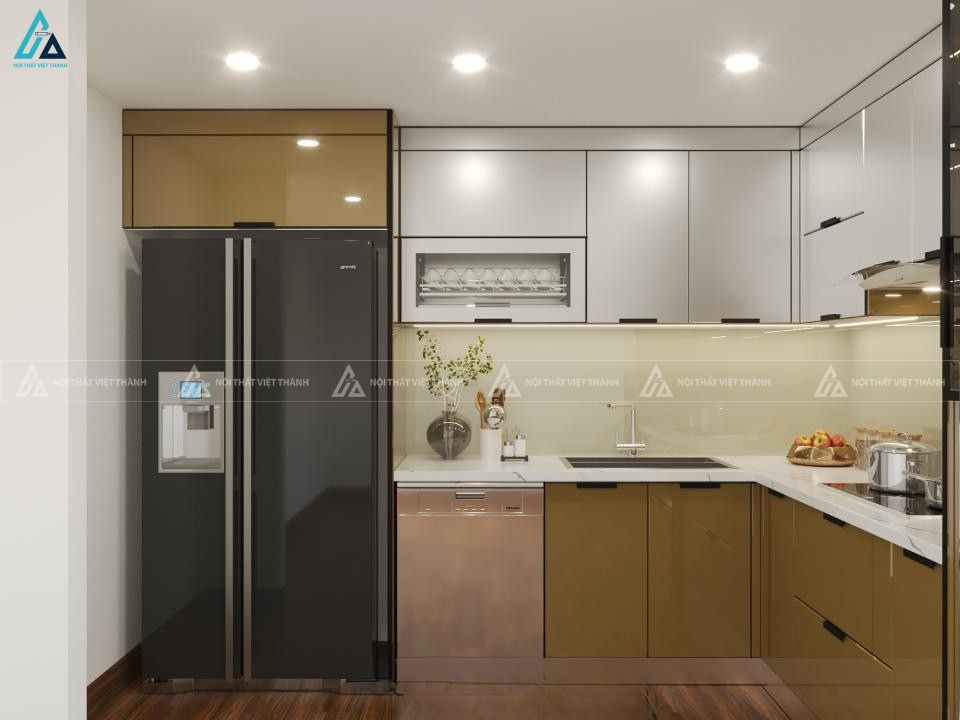 Mẫu tủ bếp cánh kính vàng đồng phối tủ rượu âm tường tiện nghi 1