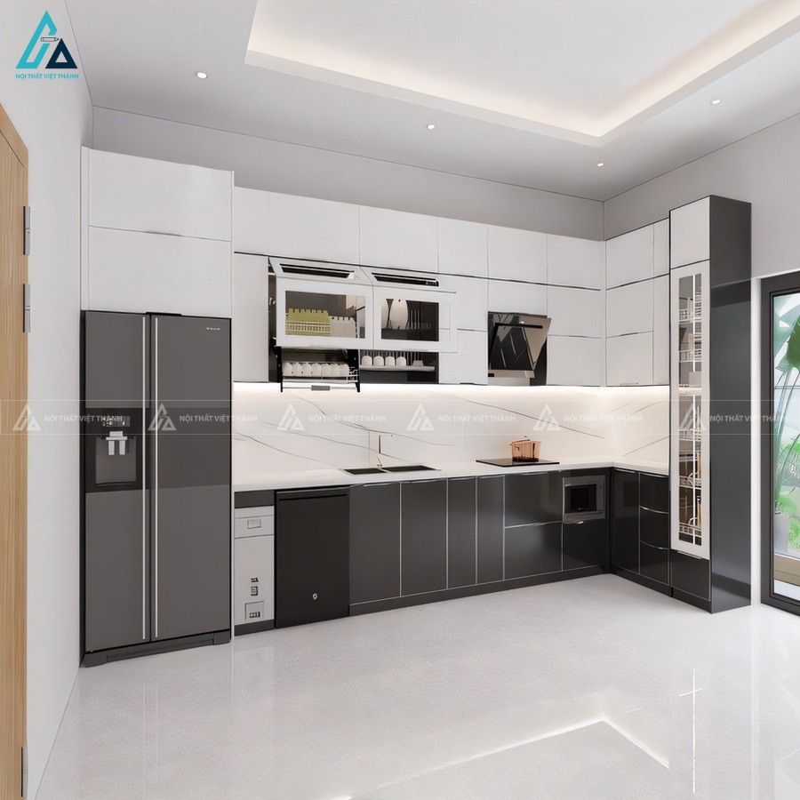 Bộ tủ bếp cánh kính hai màu thời thượng cho không gian bếp rộng 1