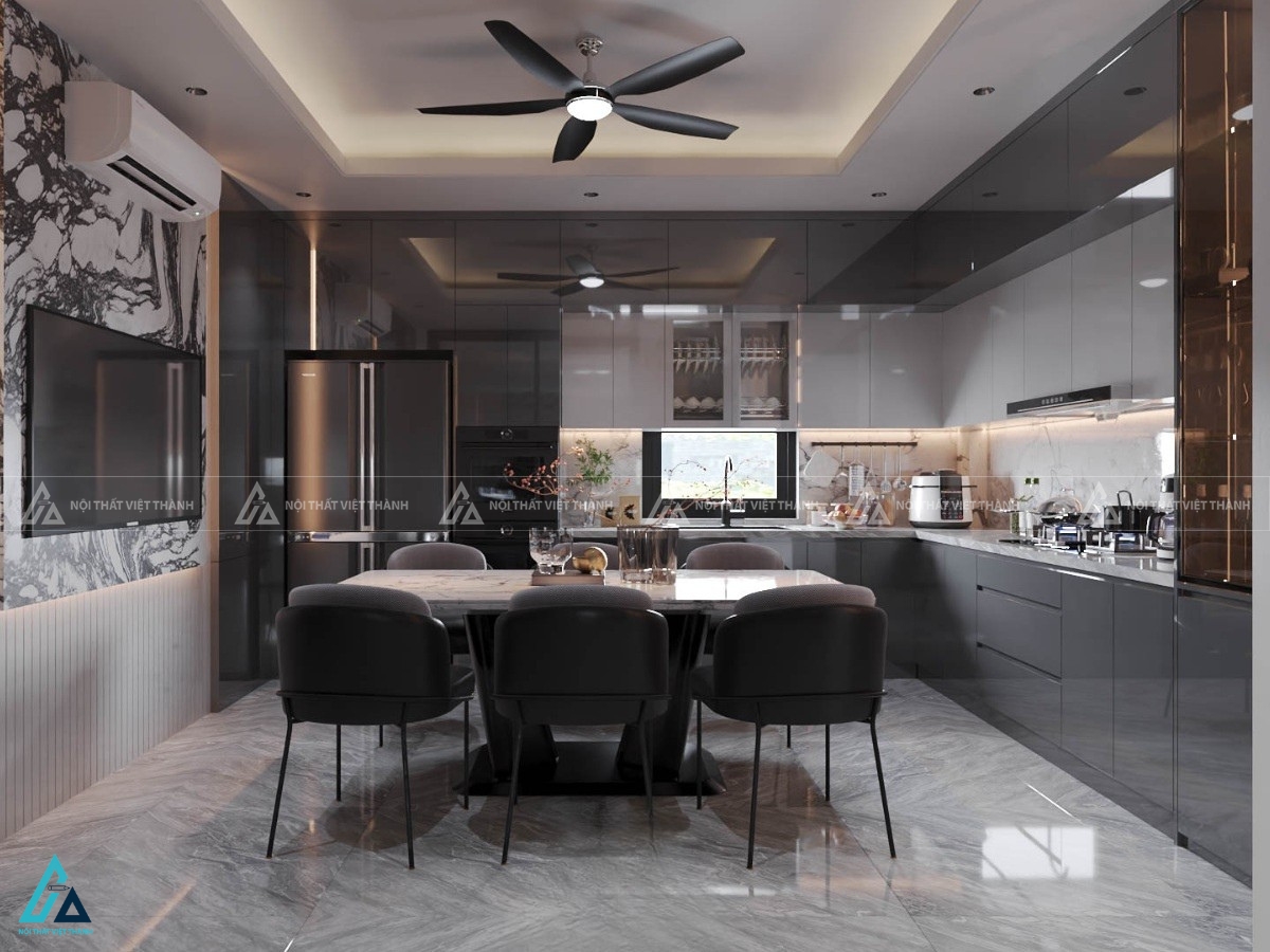 Bộ tủ bếp cánh kính phối màu thời thượng cho không gian mở