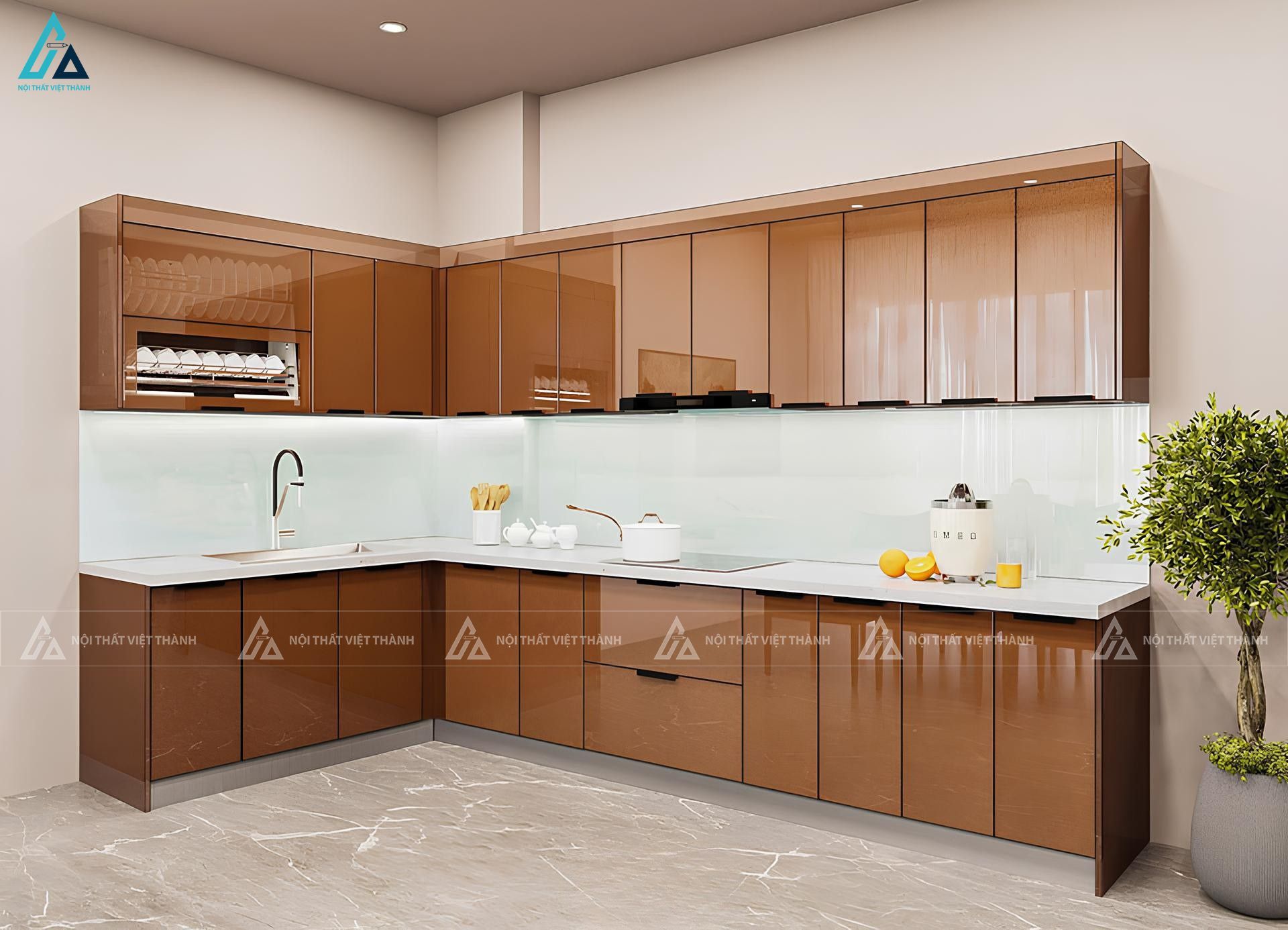 Bộ tủ bếp chữ L cánh kính màu nâu tinh tế cho mọi căn hộ 2