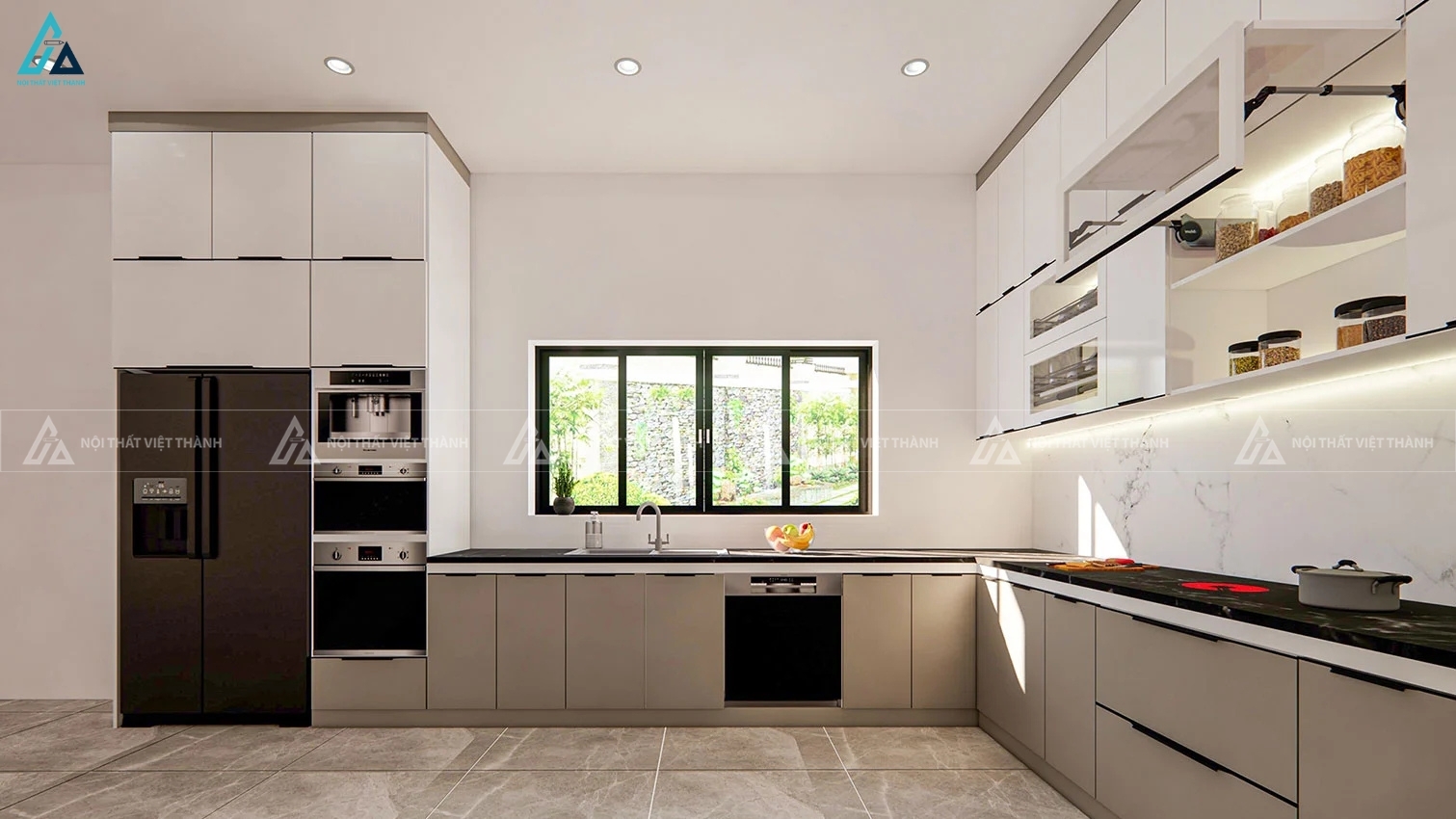 Bộ tủ bếp chữ U cánh kính trắng xám đẳng cấp cho không gian lớn 2