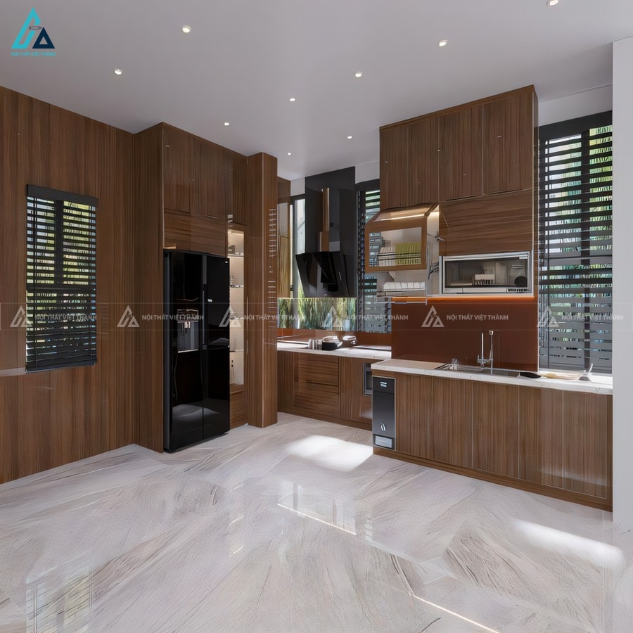 Tủ bếp gỗ công nghiệp cánh kính bóng gương đẳng cấp và bền bỉ 2