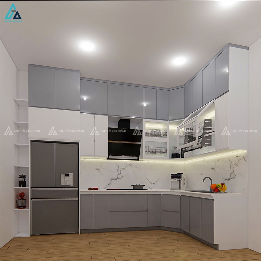 Tủ bếp cánh kính thiết kế chữ L phối màu xám trắng tối giản