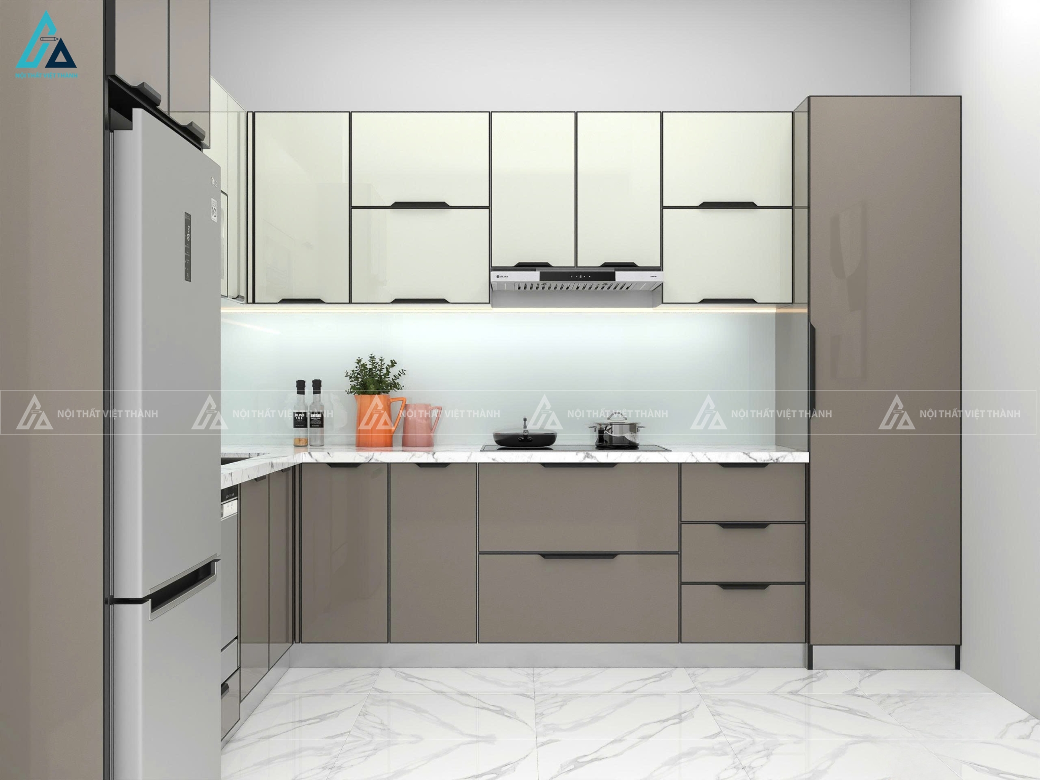 Tủ bếp cánh kính hiện đại phối màu trang nhã bền đẹp và tiện nghi 1