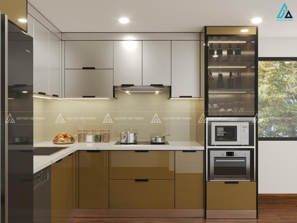 Mẫu tủ bếp cánh kính vàng đồng phối tủ rượu âm tường tiện nghi 2