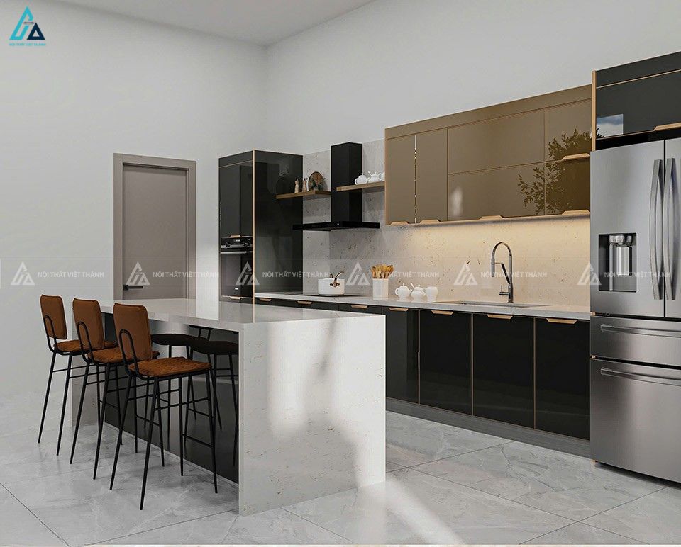 Tủ bếp cánh kính hiện đại phối màu đen và vàng đồng sang trọng 1