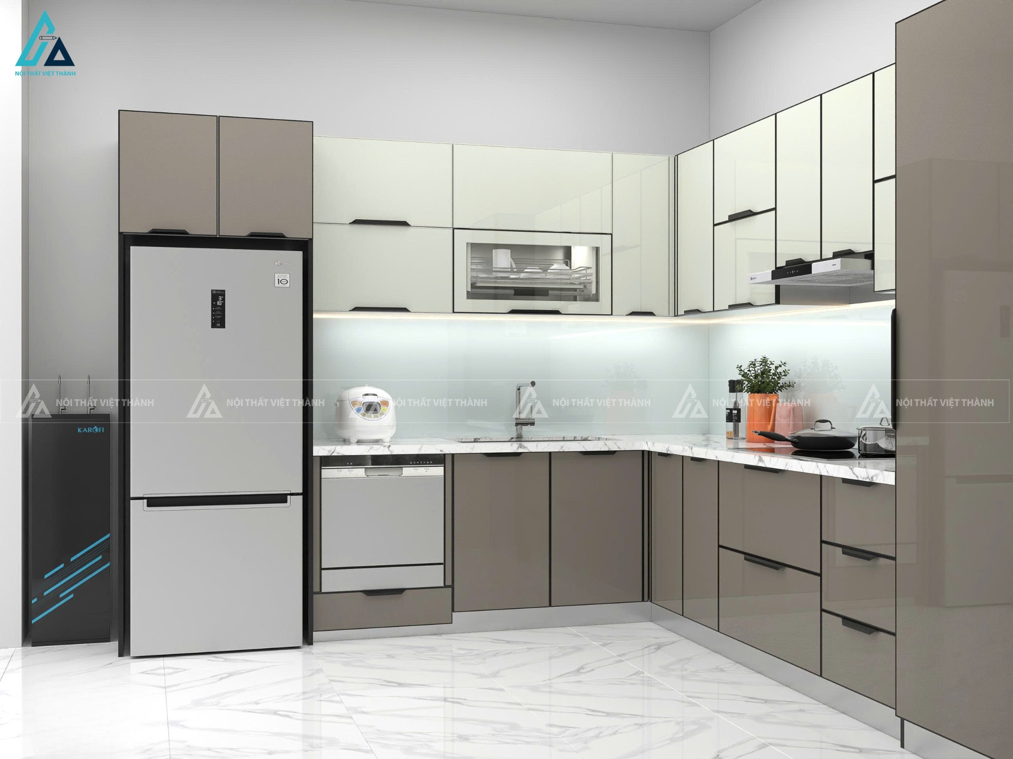Tủ bếp cánh kính hiện đại phối màu trang nhã bền đẹp và tiện nghi