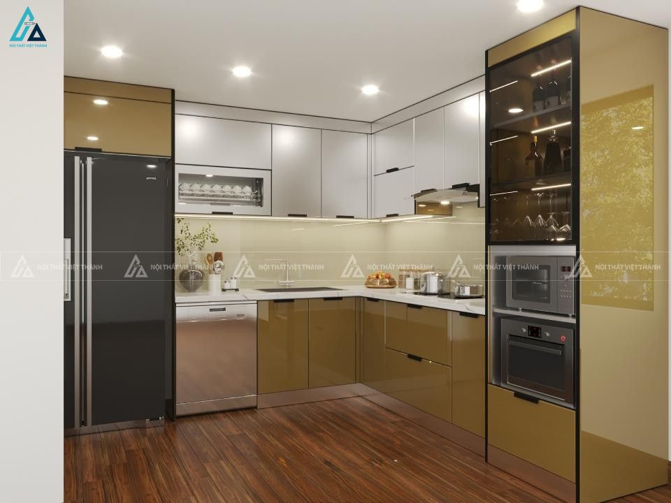Mẫu tủ bếp cánh kính vàng đồng phối tủ rượu âm tường tiện nghi