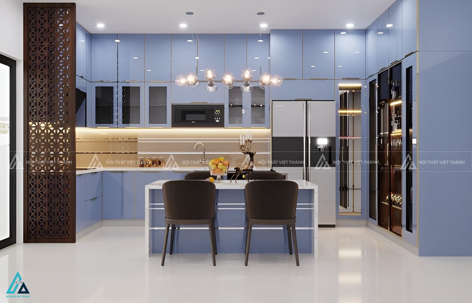 Bộ tủ bếp chữ L cánh kính màu xanh kết hợp bàn đảo tiện lợi