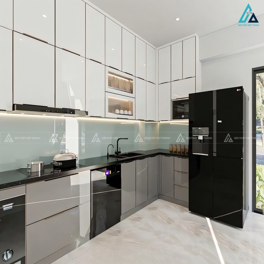 Bộ tủ bếp cánh kính cao cấp phối mặt đá sang trọng đẳng cấp