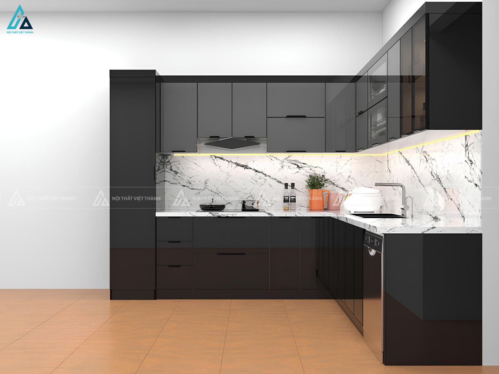 Bộ tủ bếp cánh kính kết hợp mặt đá vân mây cao cấp hiện đại