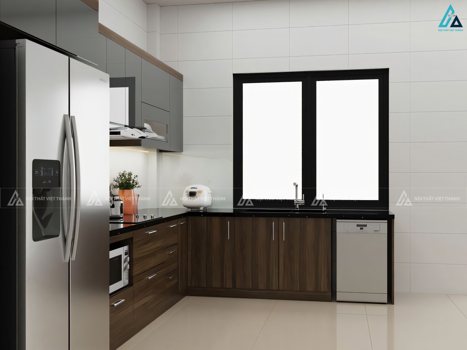 Mẫu tủ bếp cánh kính chữ L phối vân gỗ hiện đại tiện nghi 1