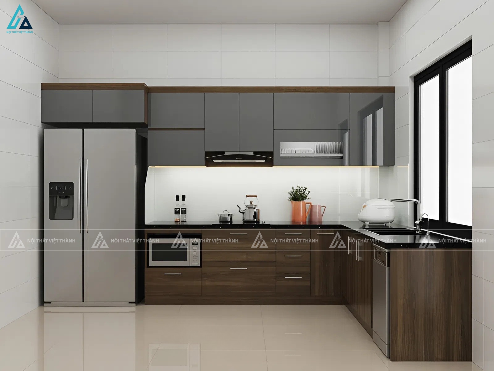 Mẫu tủ bếp cánh kính chữ L phối vân gỗ hiện đại tiện nghi
