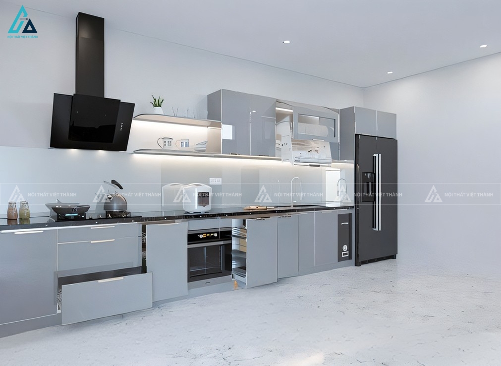 Tủ bếp cánh kính hiện đại phối màu ghi phong cách tối giản 1