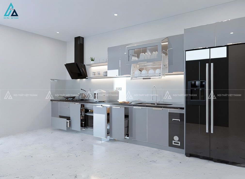 Tủ bếp cánh kính hiện đại phối màu ghi phong cách tối giản 2