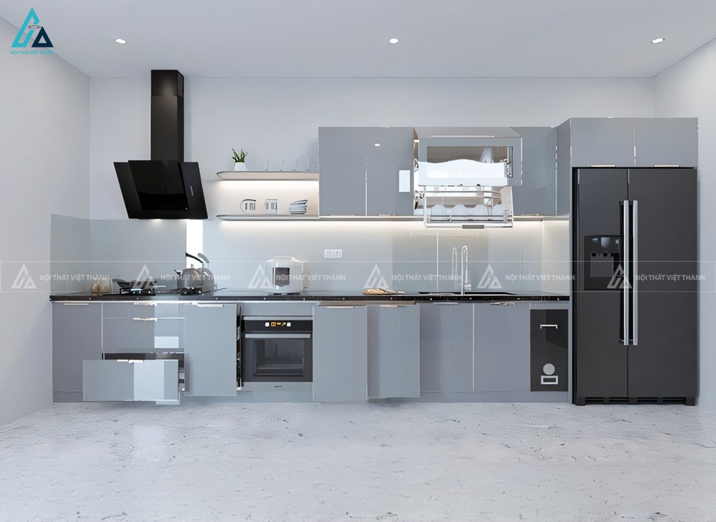 Tủ bếp cánh kính hiện đại phối màu ghi phong cách tối giản