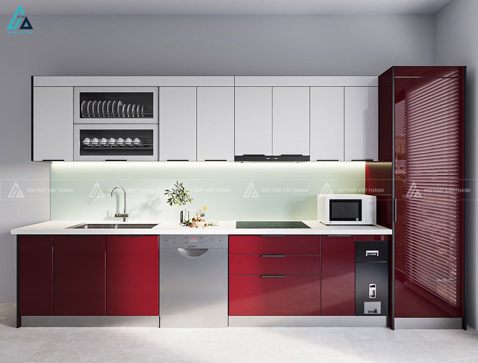 Bộ tủ bếp chữ I cánh kính màu đỏ đô phối trắng tiện nghi đẳng cấp