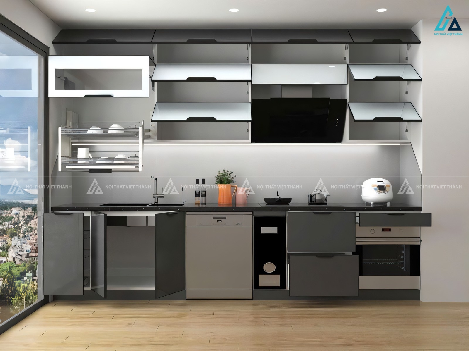 Tủ bếp cánh kính phối màu đen trắng phong cách tối giản 1