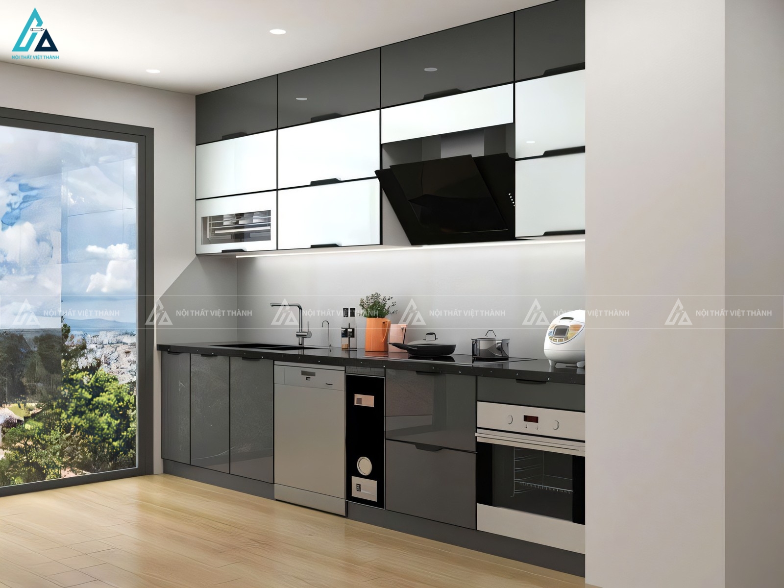 Tủ bếp cánh kính phối màu đen trắng phong cách tối giản 2