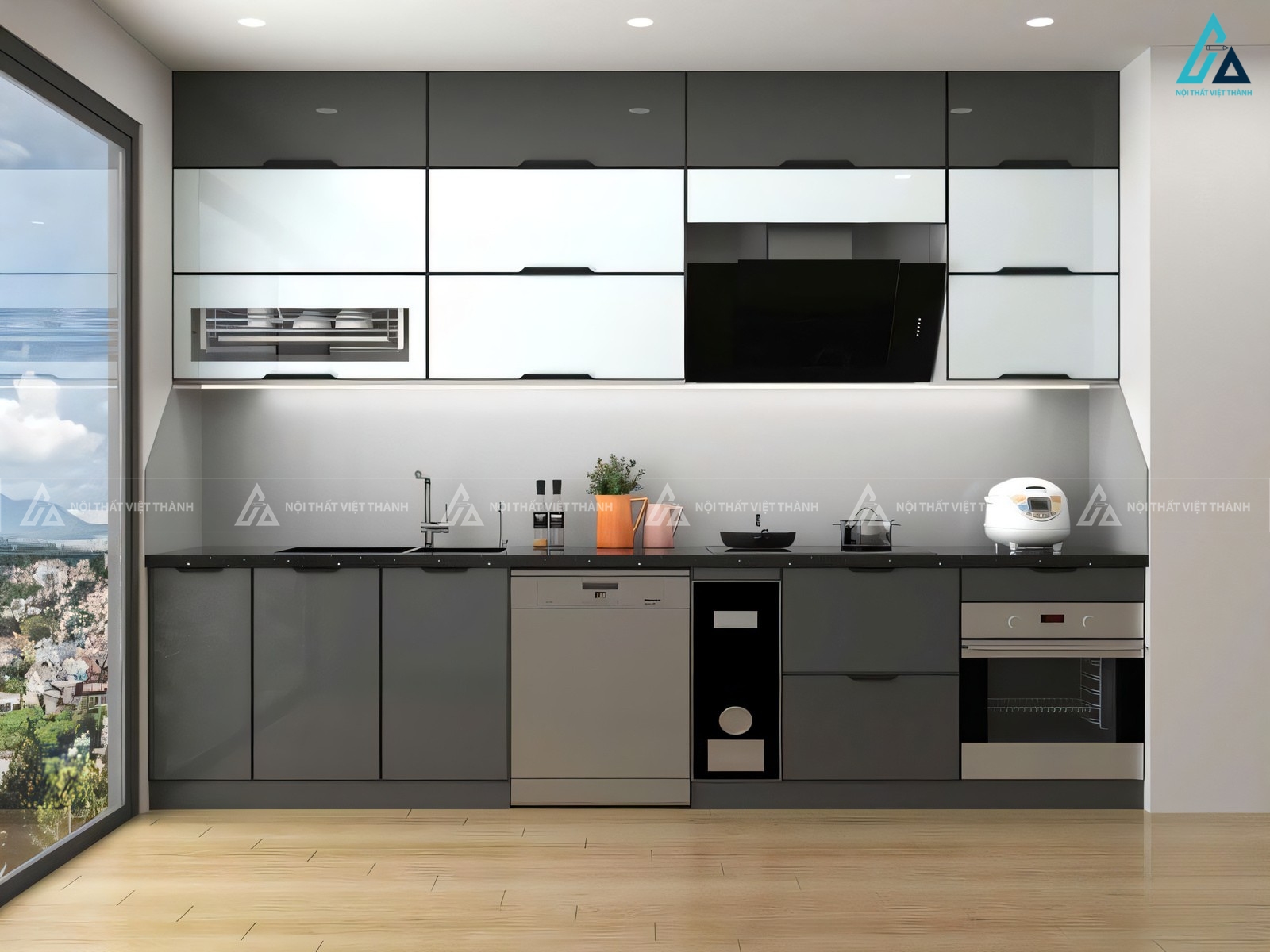 Tủ bếp cánh kính phối màu đen trắng phong cách tối giản