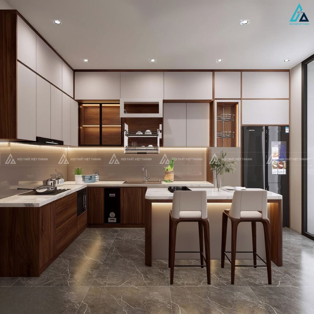 Mẫu tủ bếp gỗ công nghiệp bền đẹp nâng tầm không gian sống gia đình