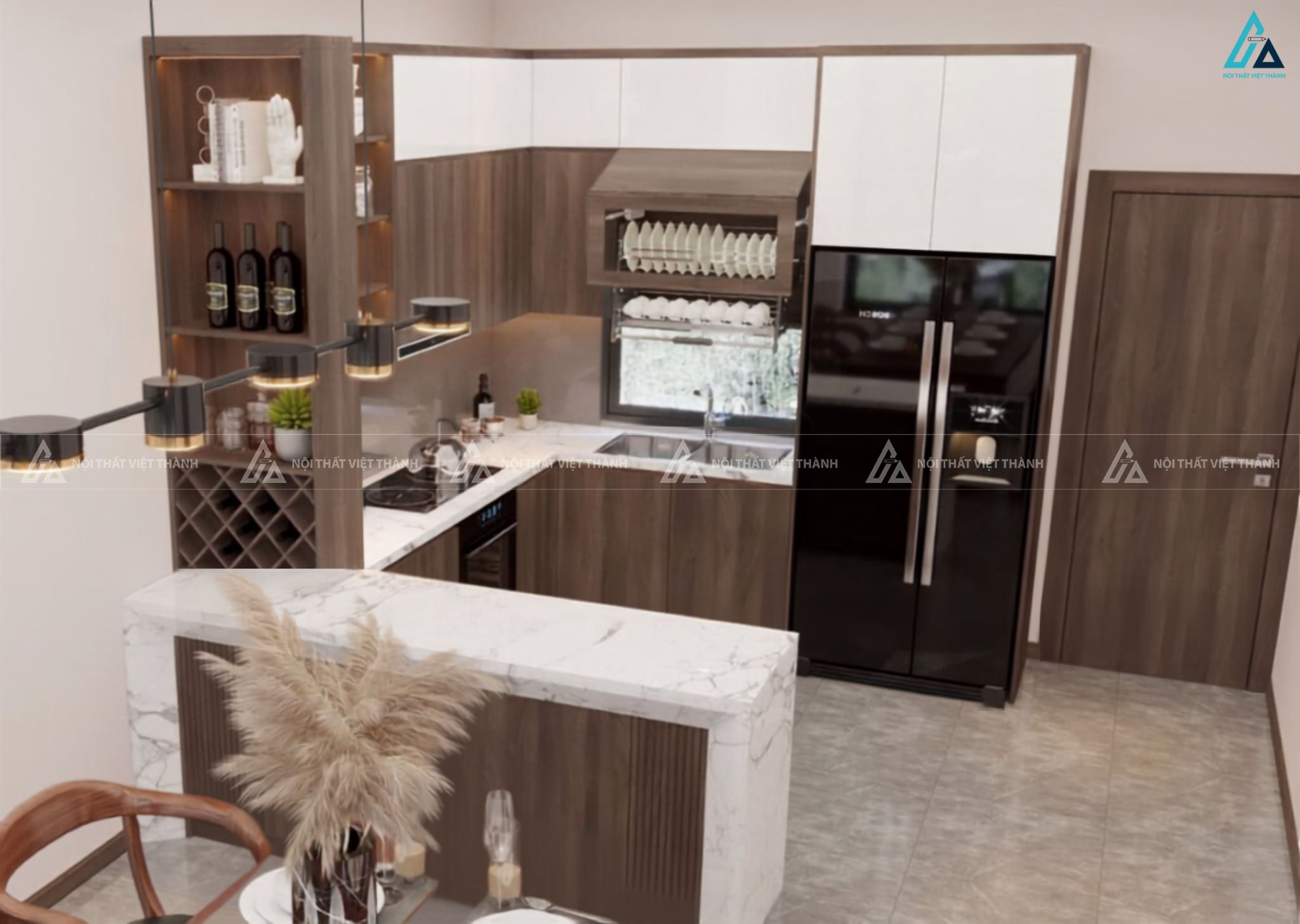 Tủ bếp gỗ công nghiệp đẳng cấp với quầy bar mặt đá đầy kiêu sa 1