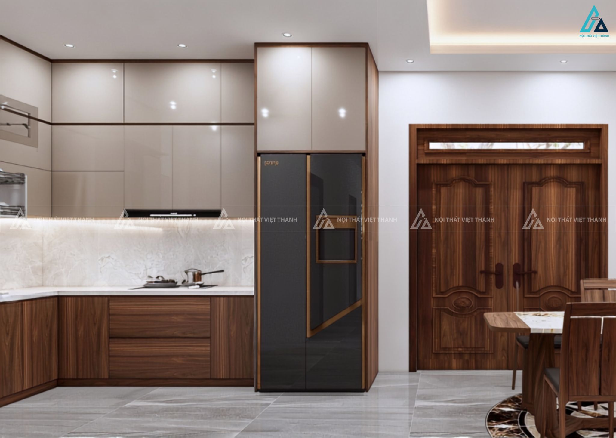 Tủ bếp gỗ công nghiệp hiện đại tích hợp tủ lạnh sang trọng đẳng cấp 1