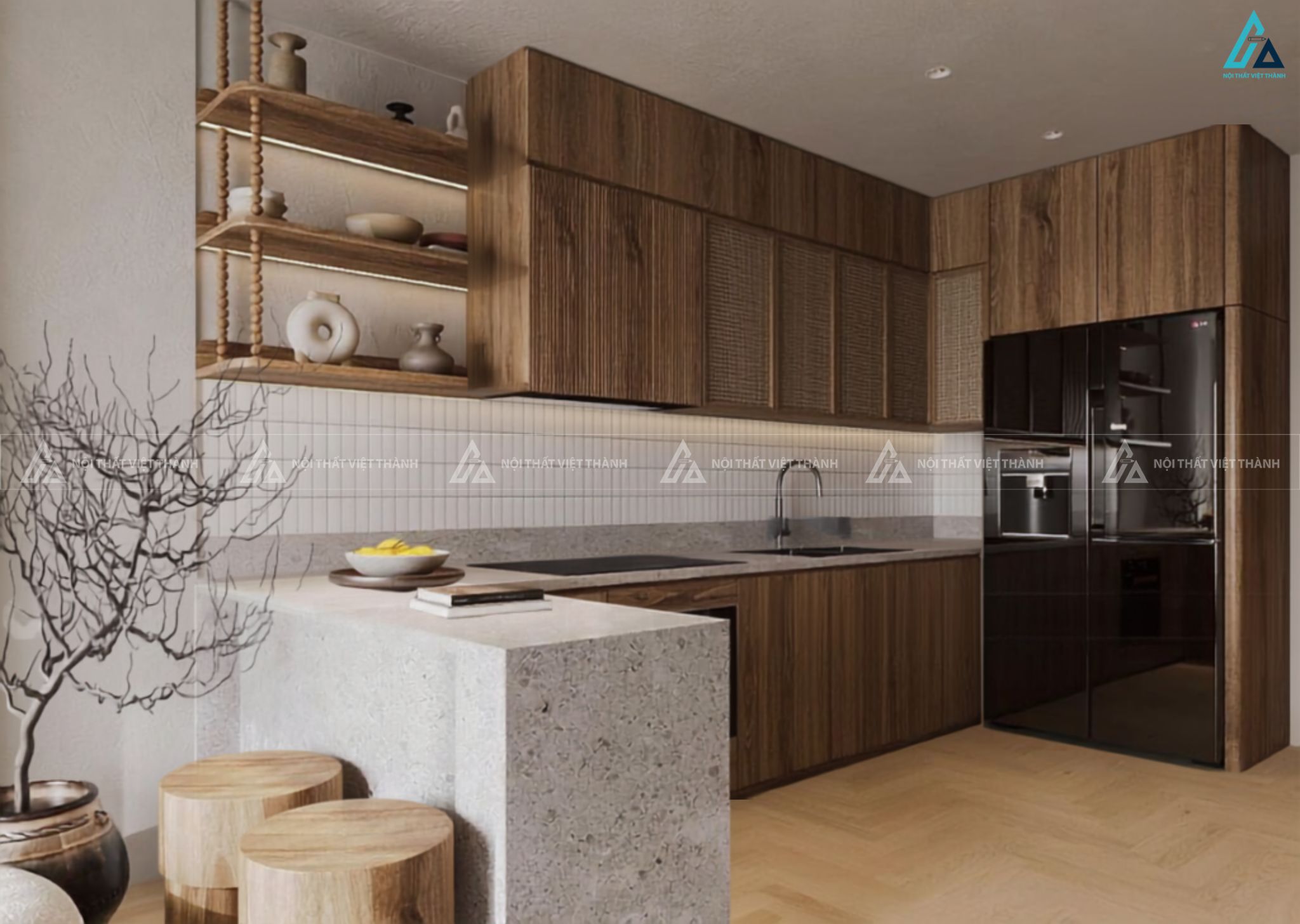 Tủ bếp gỗ công nghiệp phong cách Indochine kết hợp mây tre đan tinh tế 1