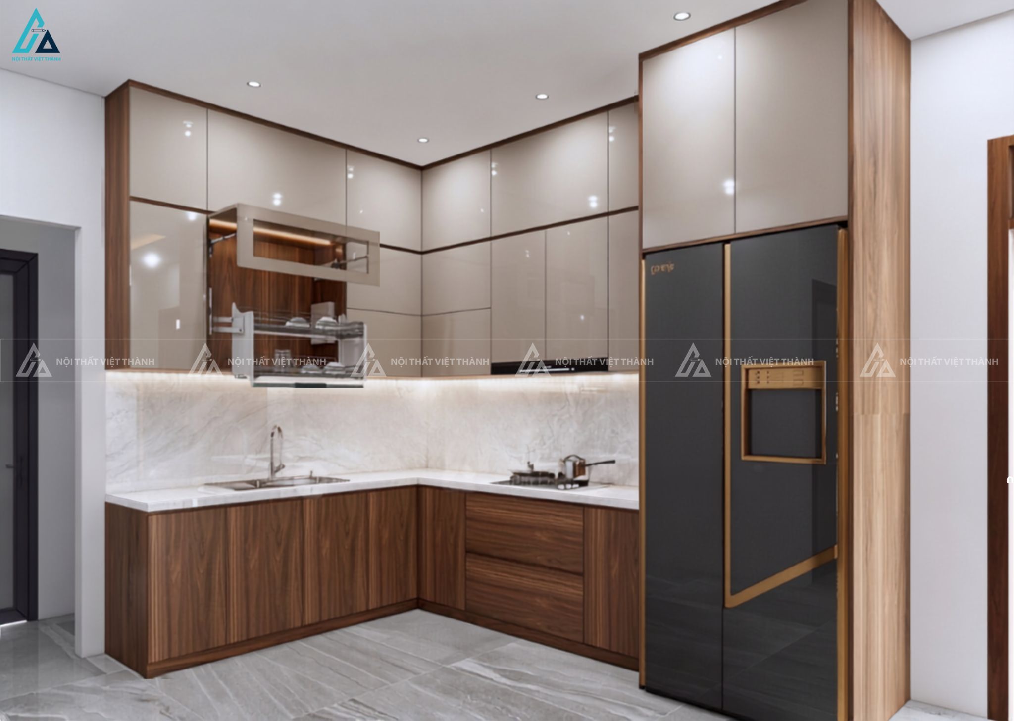 Tủ bếp gỗ công nghiệp hiện đại tích hợp tủ lạnh sang trọng đẳng cấp 2