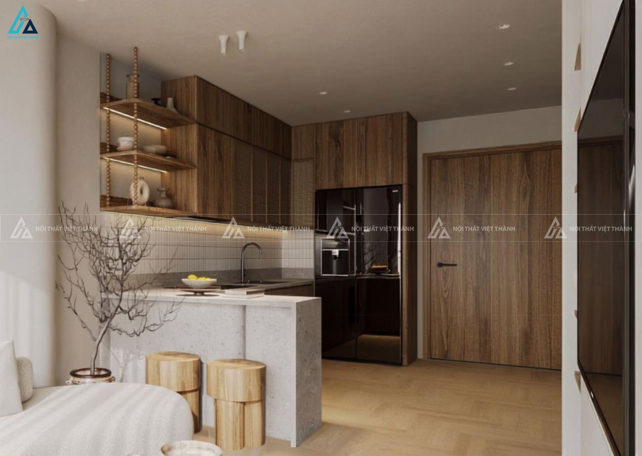 Tủ bếp gỗ công nghiệp phong cách Indochine kết hợp mây tre đan tinh tế 2