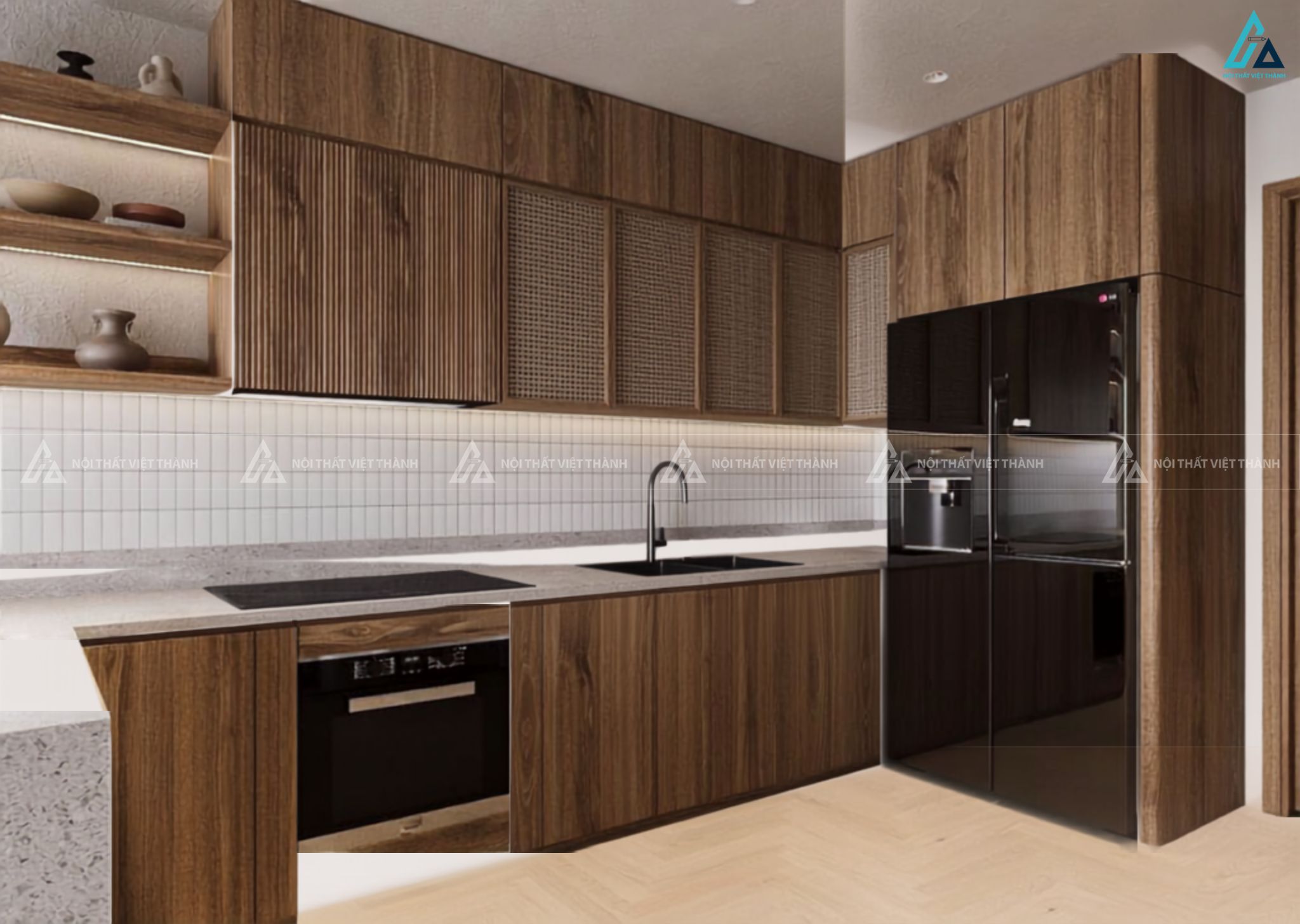 Tủ bếp gỗ công nghiệp phong cách Indochine kết hợp mây tre đan tinh tế 3