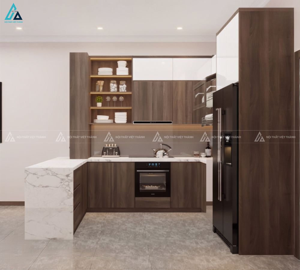 Tủ bếp gỗ công nghiệp đẳng cấp với quầy bar mặt đá đầy kiêu sa