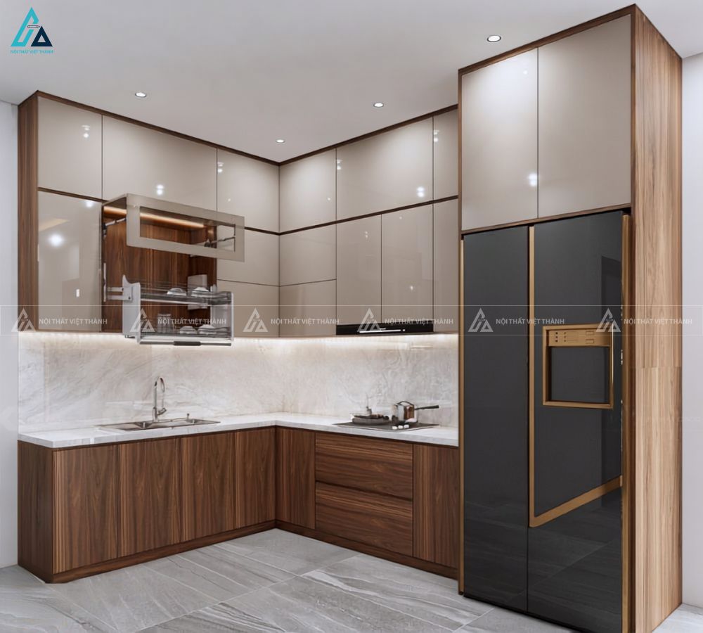 Tủ bếp gỗ công nghiệp hiện đại tích hợp tủ lạnh sang trọng đẳng cấp