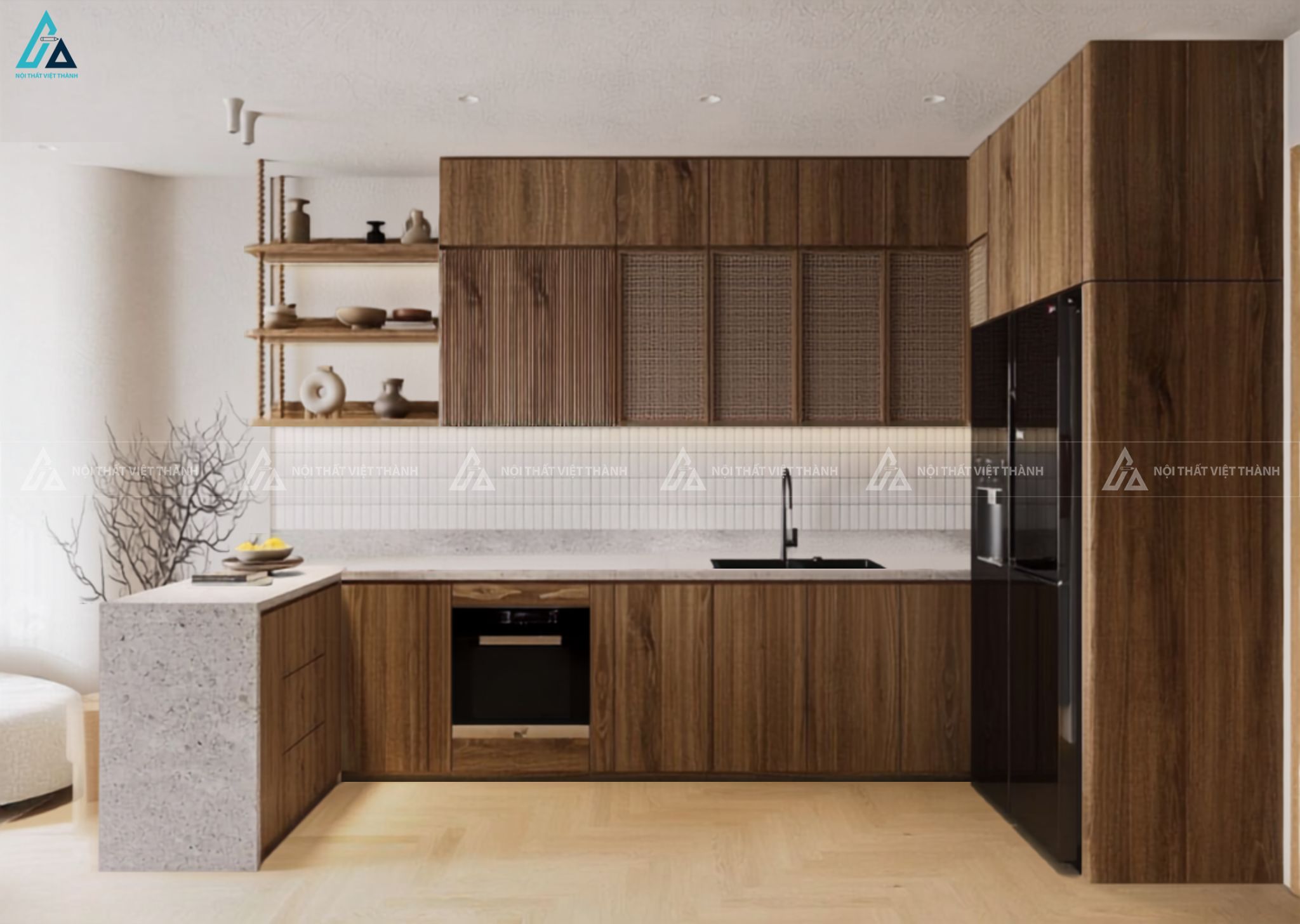 Tủ bếp gỗ công nghiệp phong cách Indochine kết hợp mây tre đan tinh tế 4