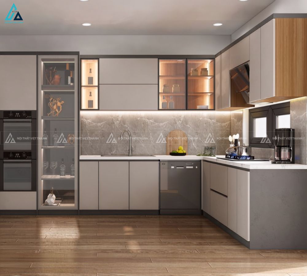 Mẫu tủ bếp gỗ công nghiệp cao cấp kết hợp kính sang trọng tinh tế 3