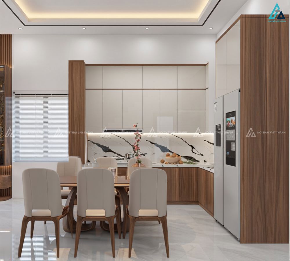 Tủ bếp gỗ công nghiệp hiện đại phối màu sang trọng cho không gian bếp
