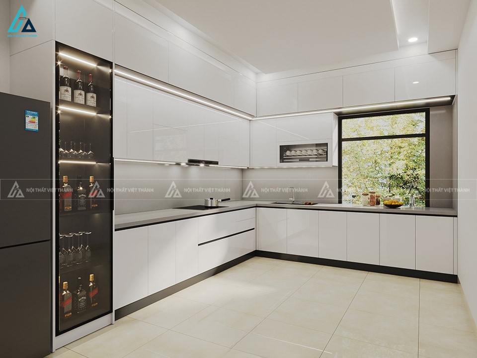 Tủ bếp acrylic màu trắng tích hợp tủ rượu sang trọng cho căn hộ 1